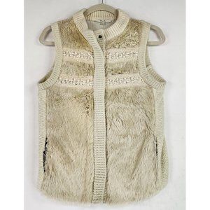 Miss Me Vest Womens Medium Ivory Soft Cozy Faux Fur Beaded Wool Blend Snap On